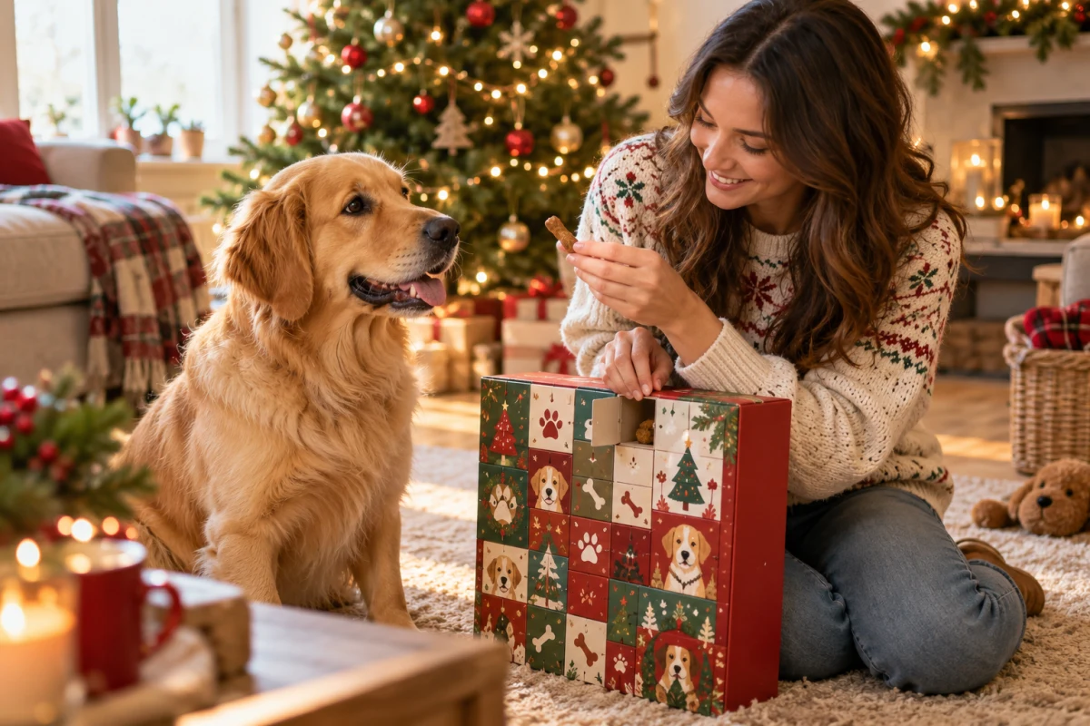 Pes netrpělivě sedí před adventním kalendářem, majitelka otevírá okénko s pamlskem