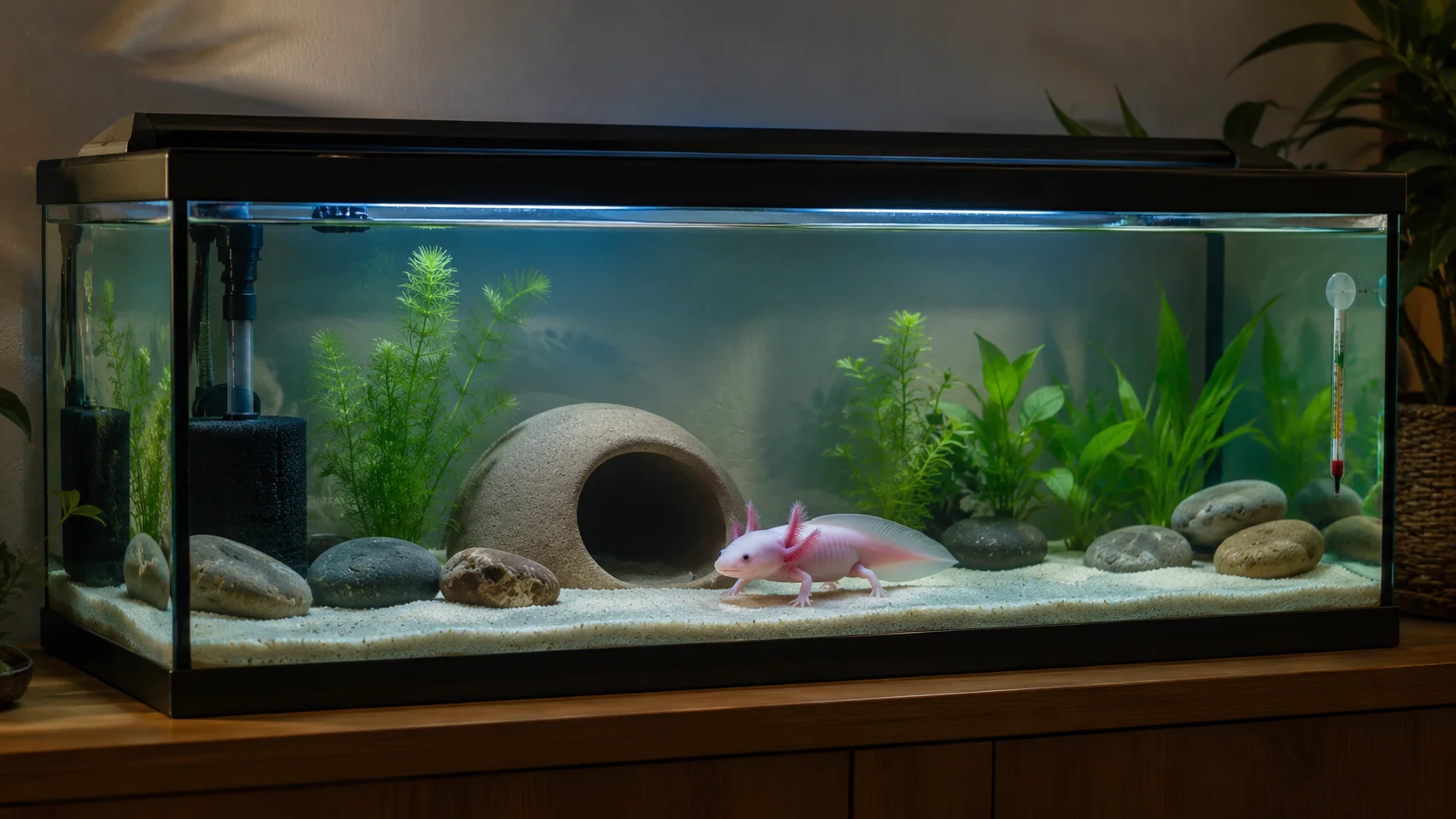 Správně zařízené akvárium pro axolotla — jemný písek, jeskyně, molitanový filtr a teploměr