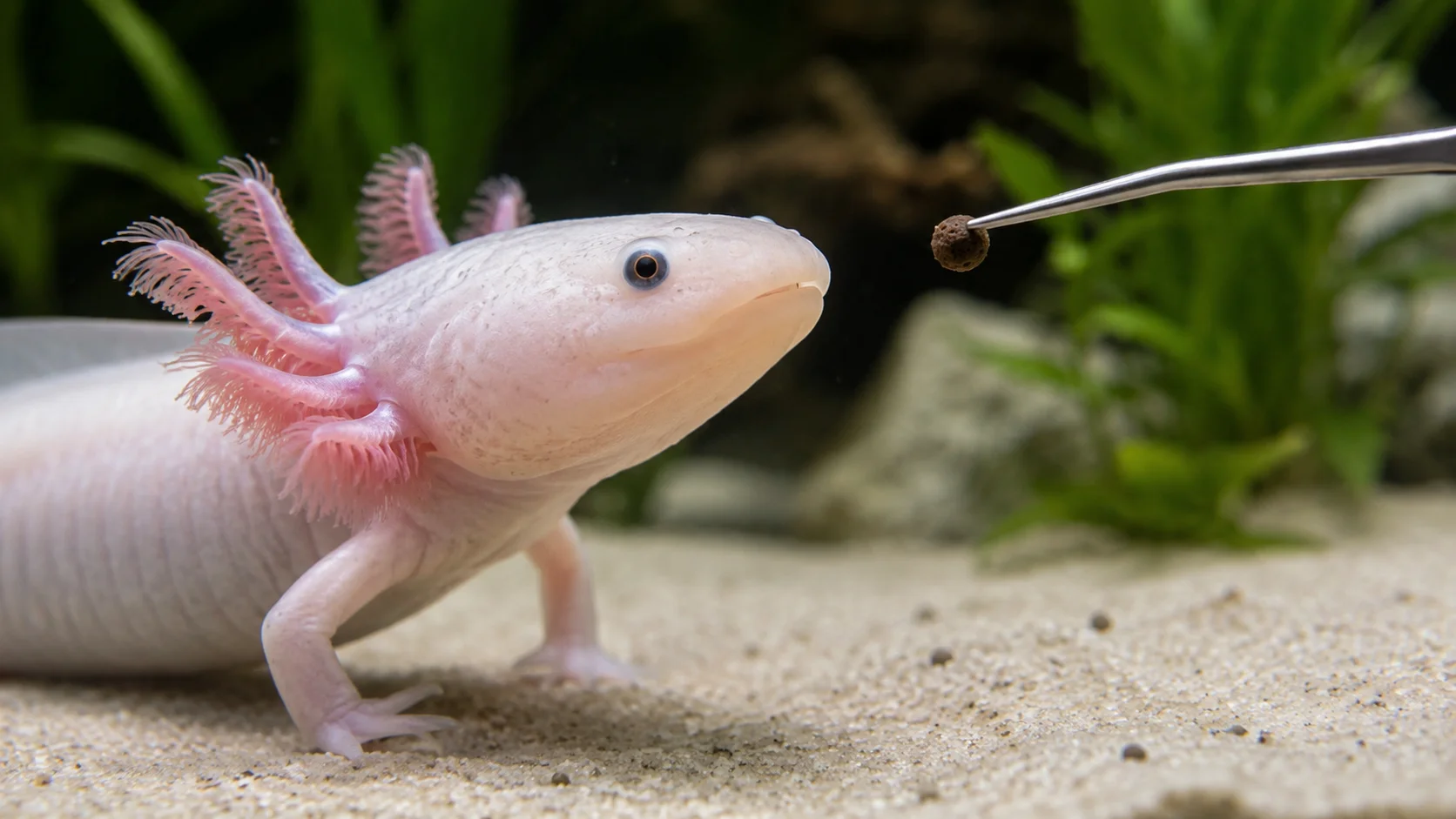 Krmení axolotla pinzetou — potápivé granule