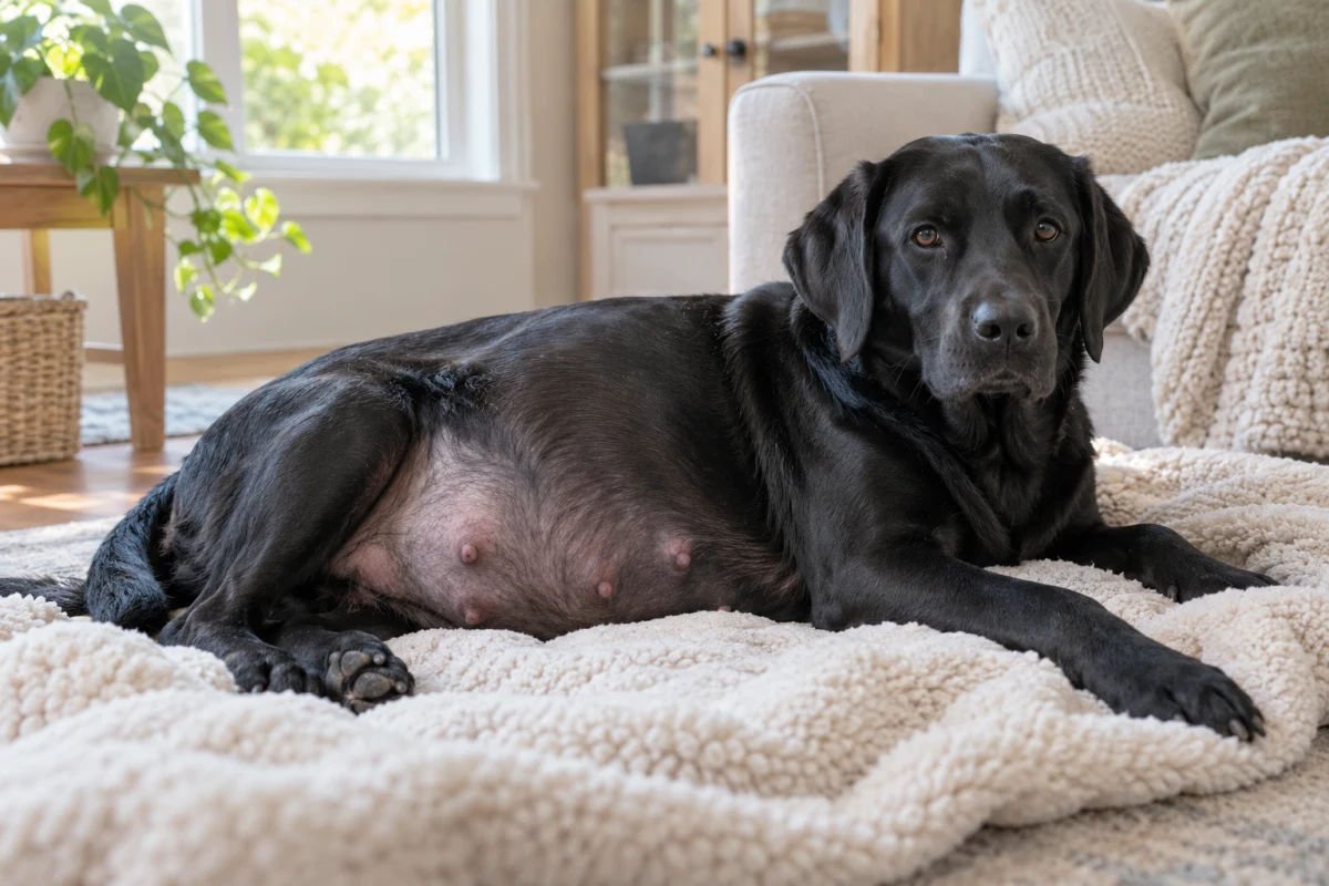 Březí fena labradora s kulatým bříškem odpočívá na dece v obýváku