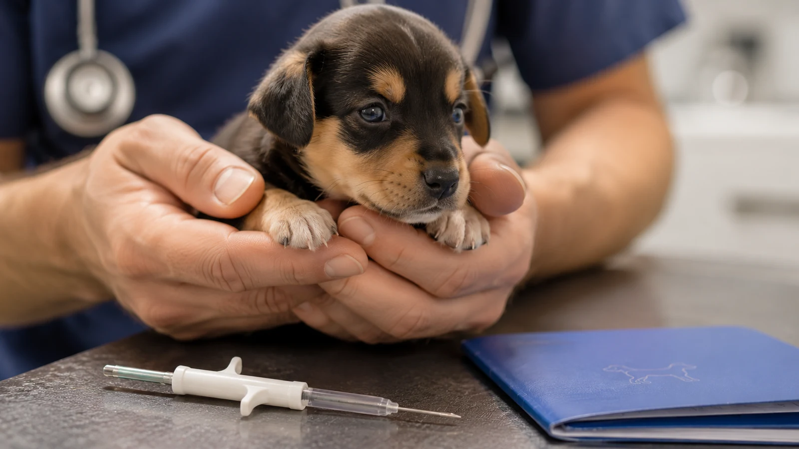Štěně u veterináře před čipováním a zápisem do Centrální evidence psů