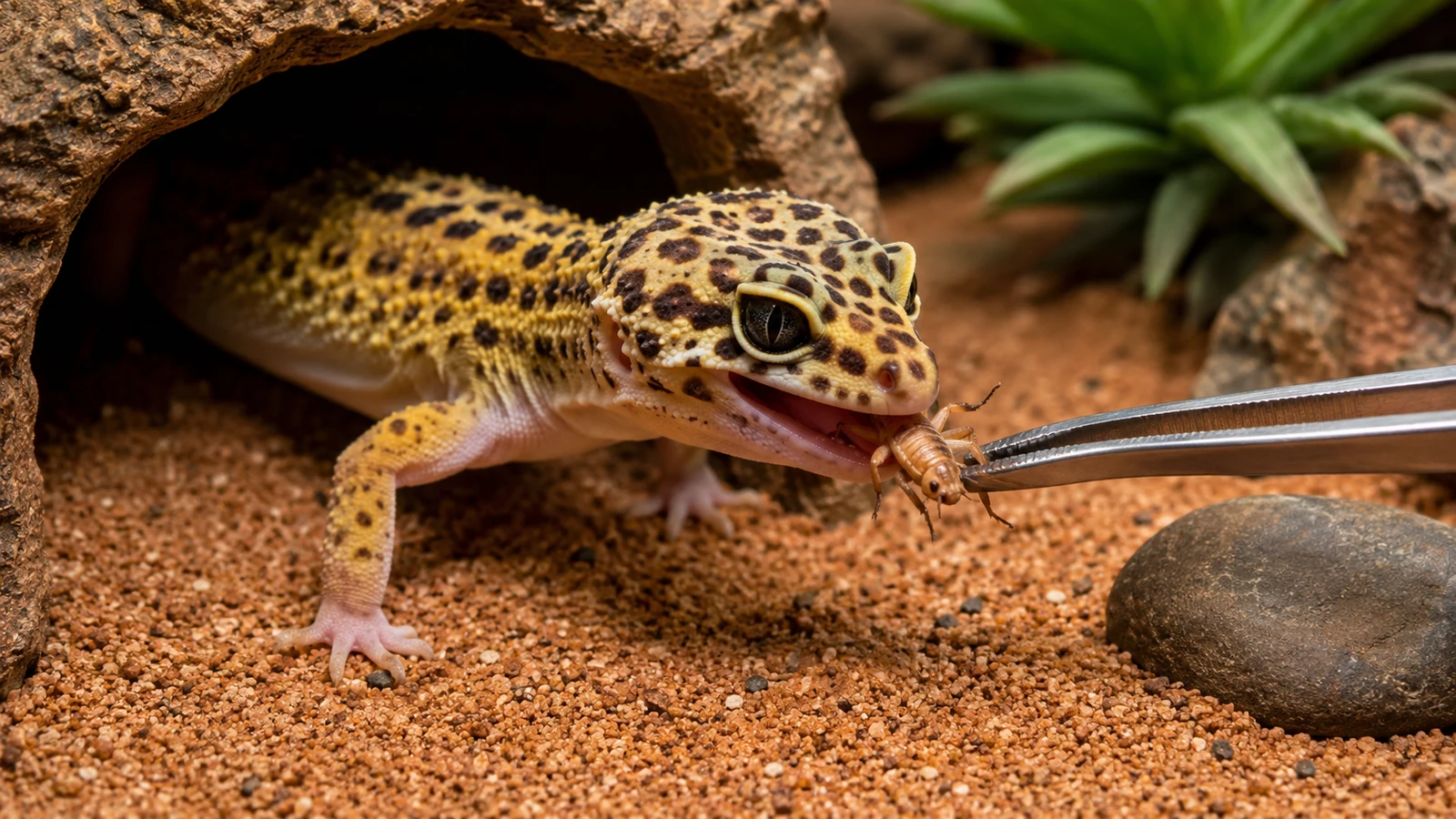 Gekon leopardí loví cvrčka poprášeného vápníkem z pinzety — krmení gekončíka nočního hmyzem