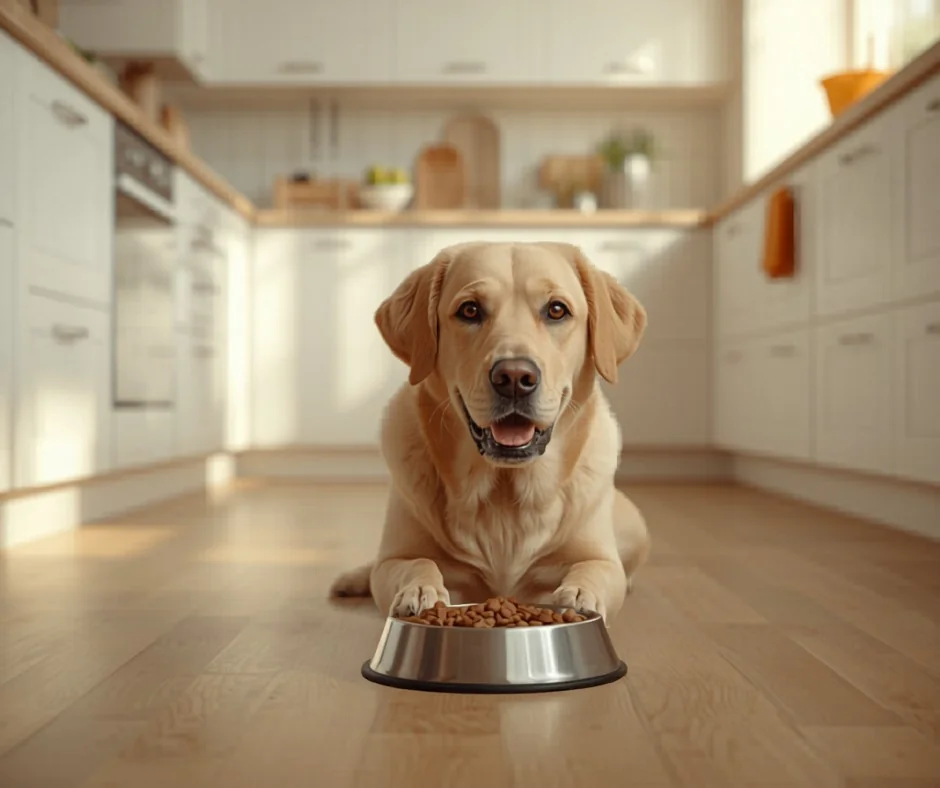 Labrador retriever spokojeně jí granule v kuchyni