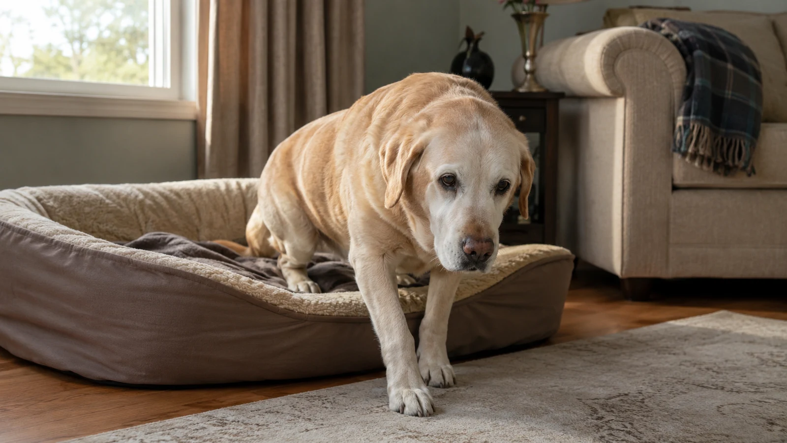 Starší pes labrador vstává ztuhle z pelíšku — příznaky artrózy a kloubní potíže u psa
