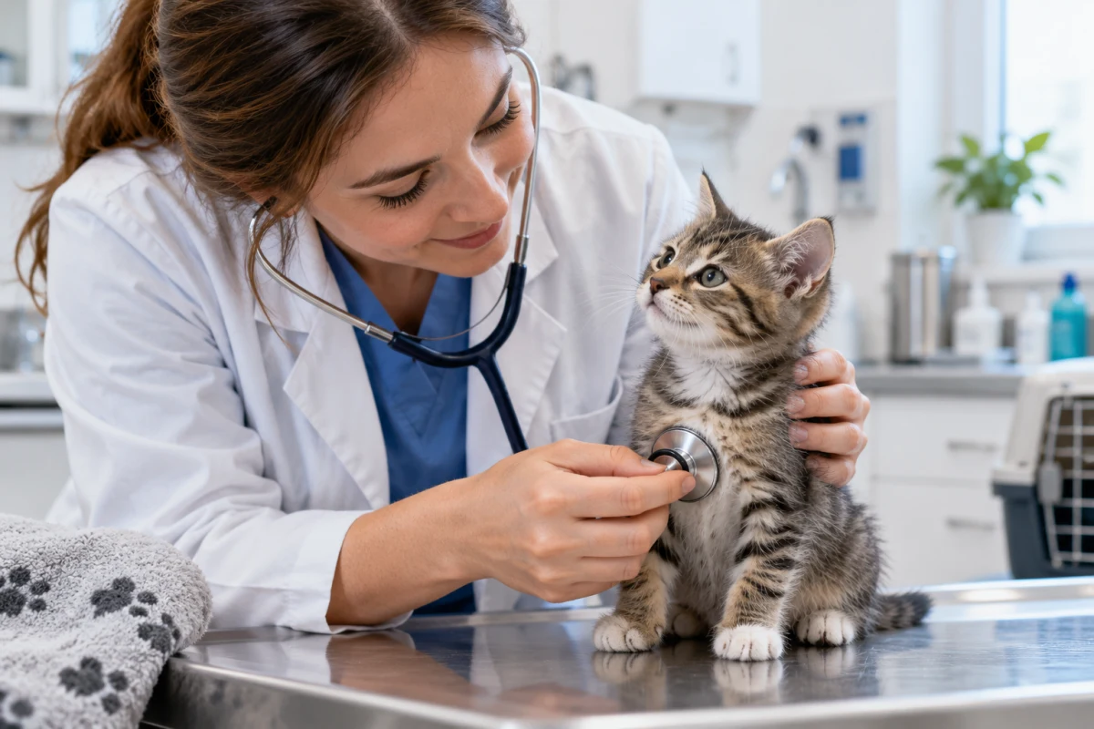 Veterinářka vyšetřuje mourovaté kotě na stole v ordinaci