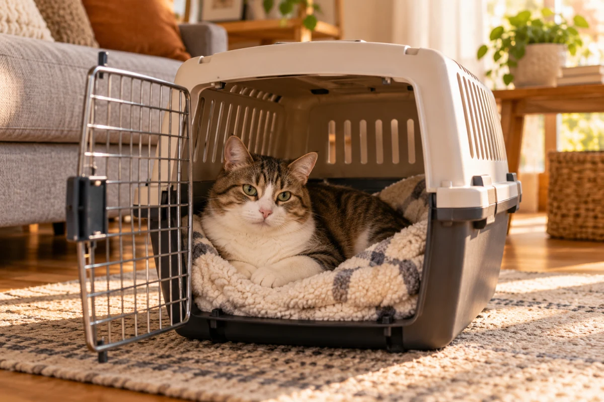Kočka odpočívá doma v otevřené přepravce s dekou po návratu od veterináře