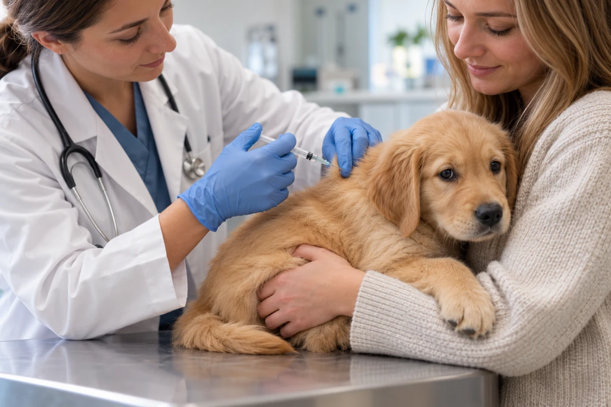 Veterinářka očkuje štěně, které drží majitelka na vyšetřovacím stole