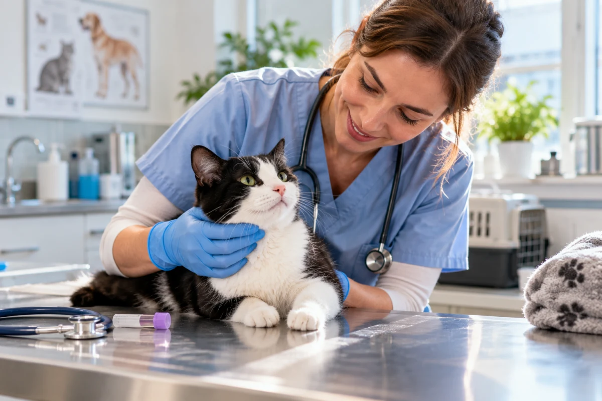 Veterinářka vyšetřuje klidnou kočku na stole v ordinaci, vedle leží zkumavka na vzorek trusu