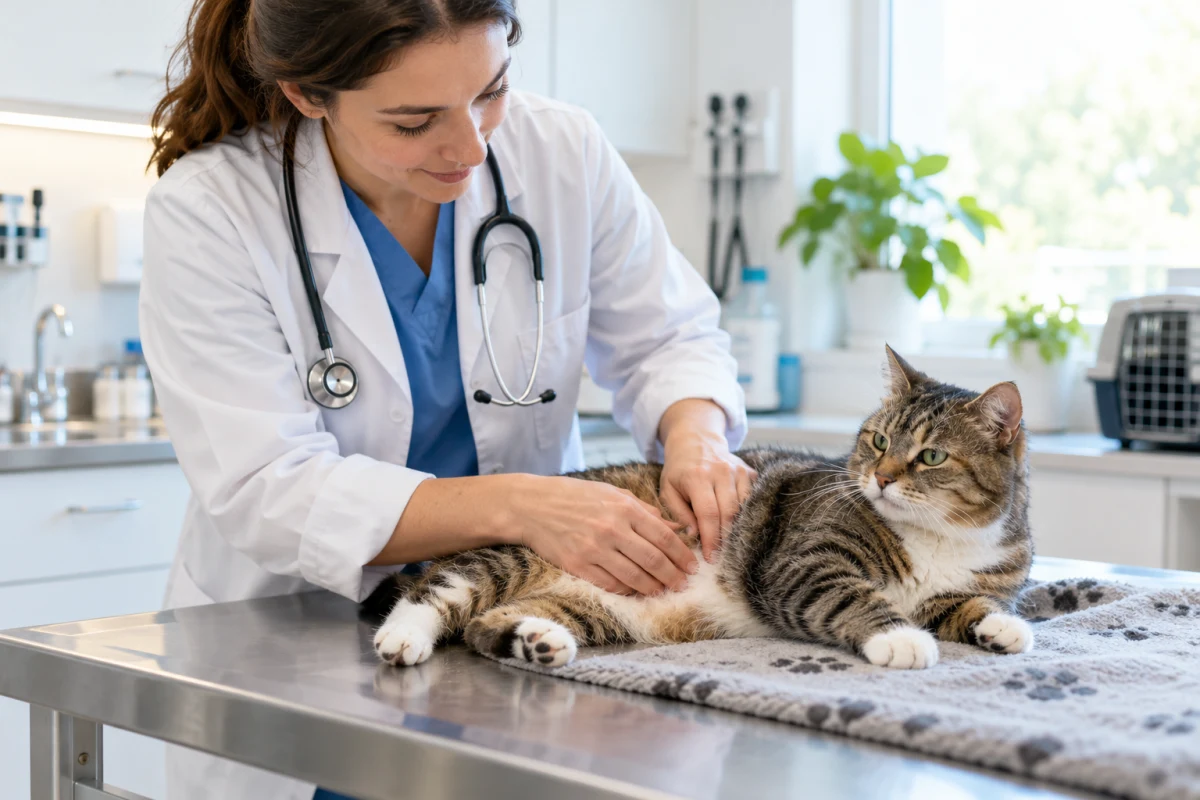 Mourovatá kočka leží na vyšetřovacím stole a veterinářka jí jemně prohmatává bříško