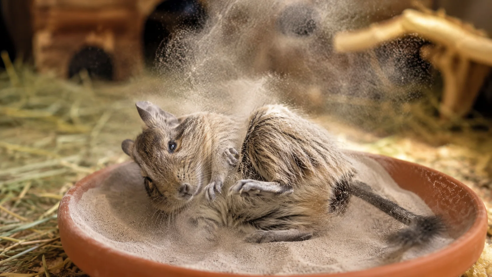 Osmák degu se koupe v písku
