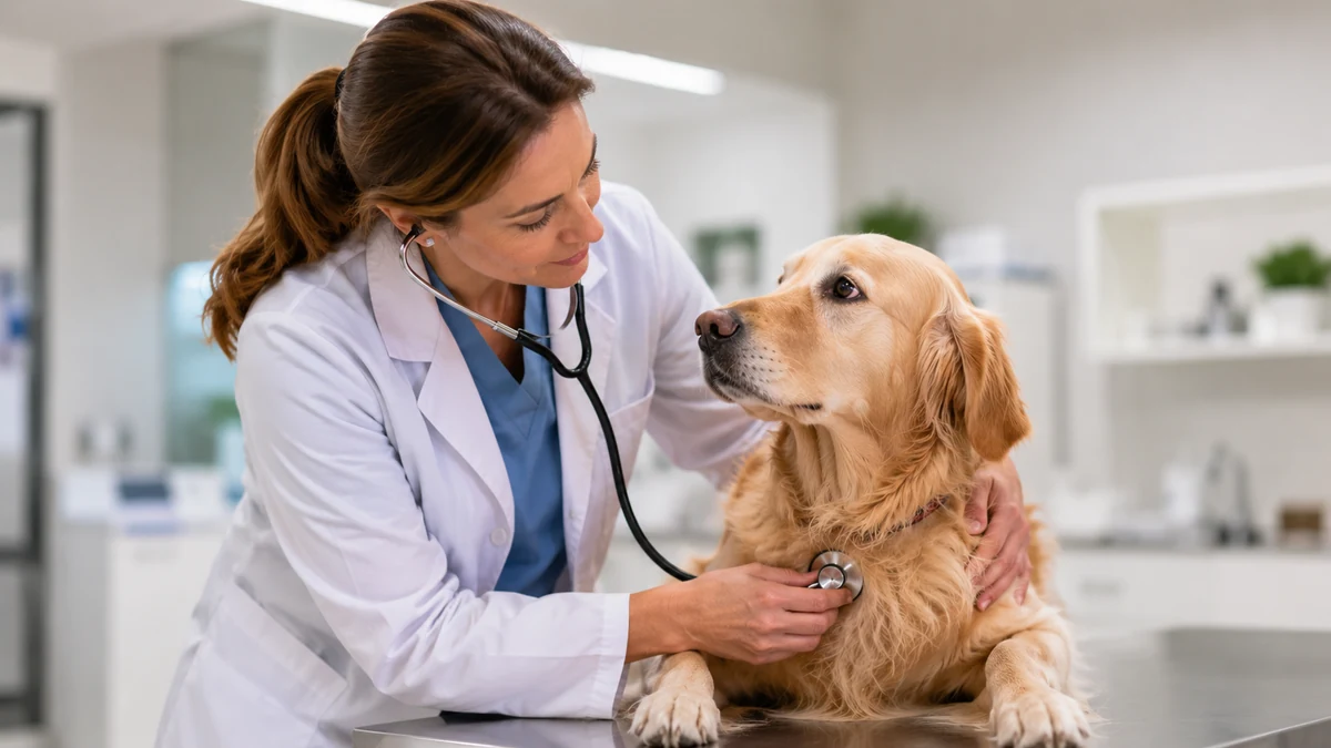 Veterinář vyšetřuje psa fonendoskopem v ordinaci — kdy s nemocným psem k veterináři