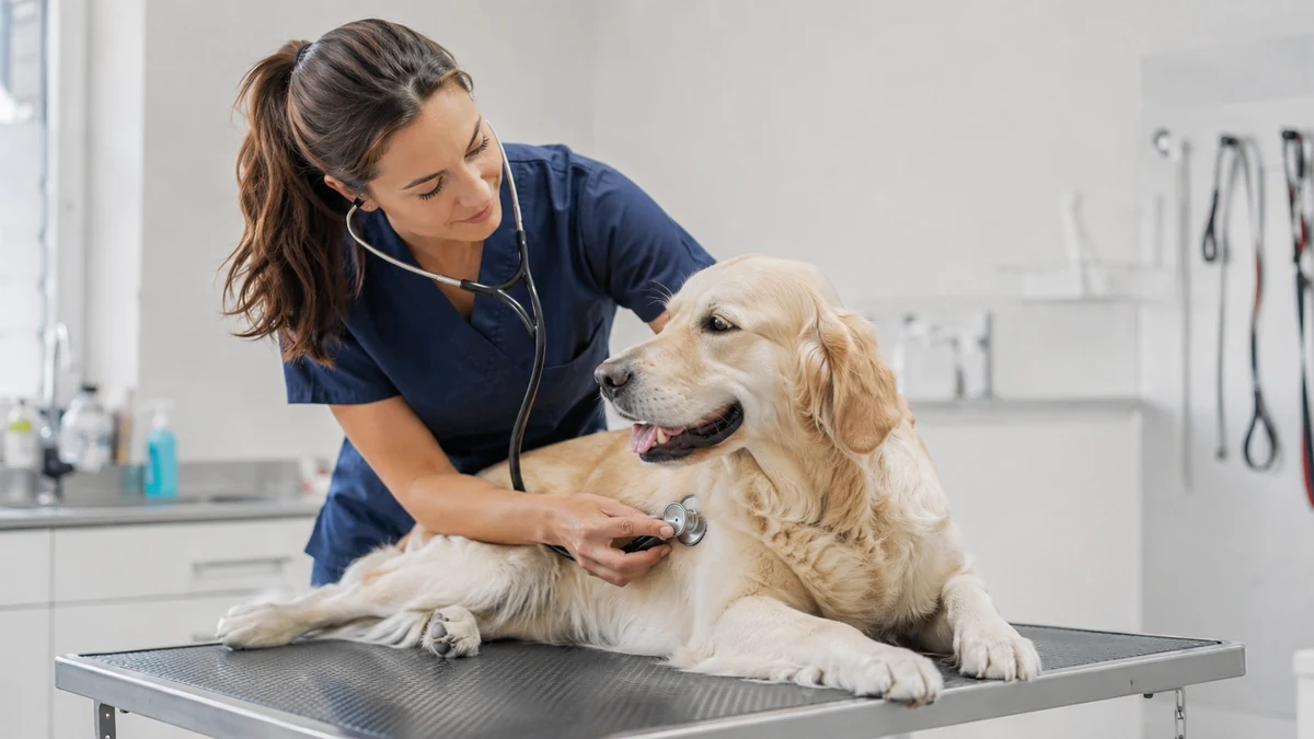 Veterinář vyšetřuje psa s trávicími potížemi — průjem u psa, kdy k veterináři 2026