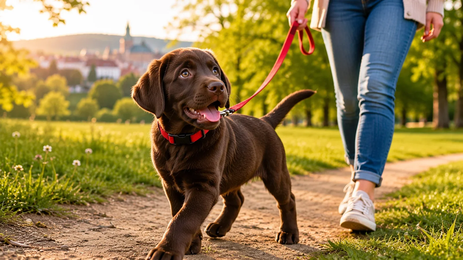 Hnědé labradorské štěně na první procházce s majitelem na vodítku v parku