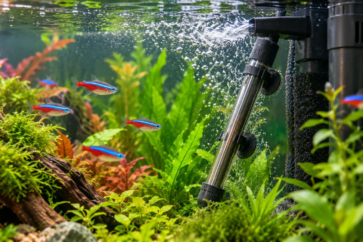 Skleněné akvarijní topítko umístěné šikmo u výstupu filtru v tropickém akváriu s neonkami