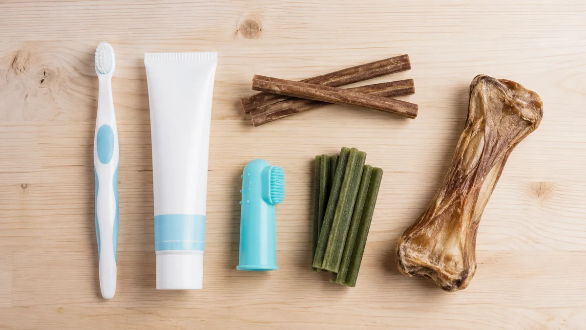 Základní výbava pro zubní hygienu psa — kartáček, pasta, finger brush, dentální tyčinky a žvýkací kost