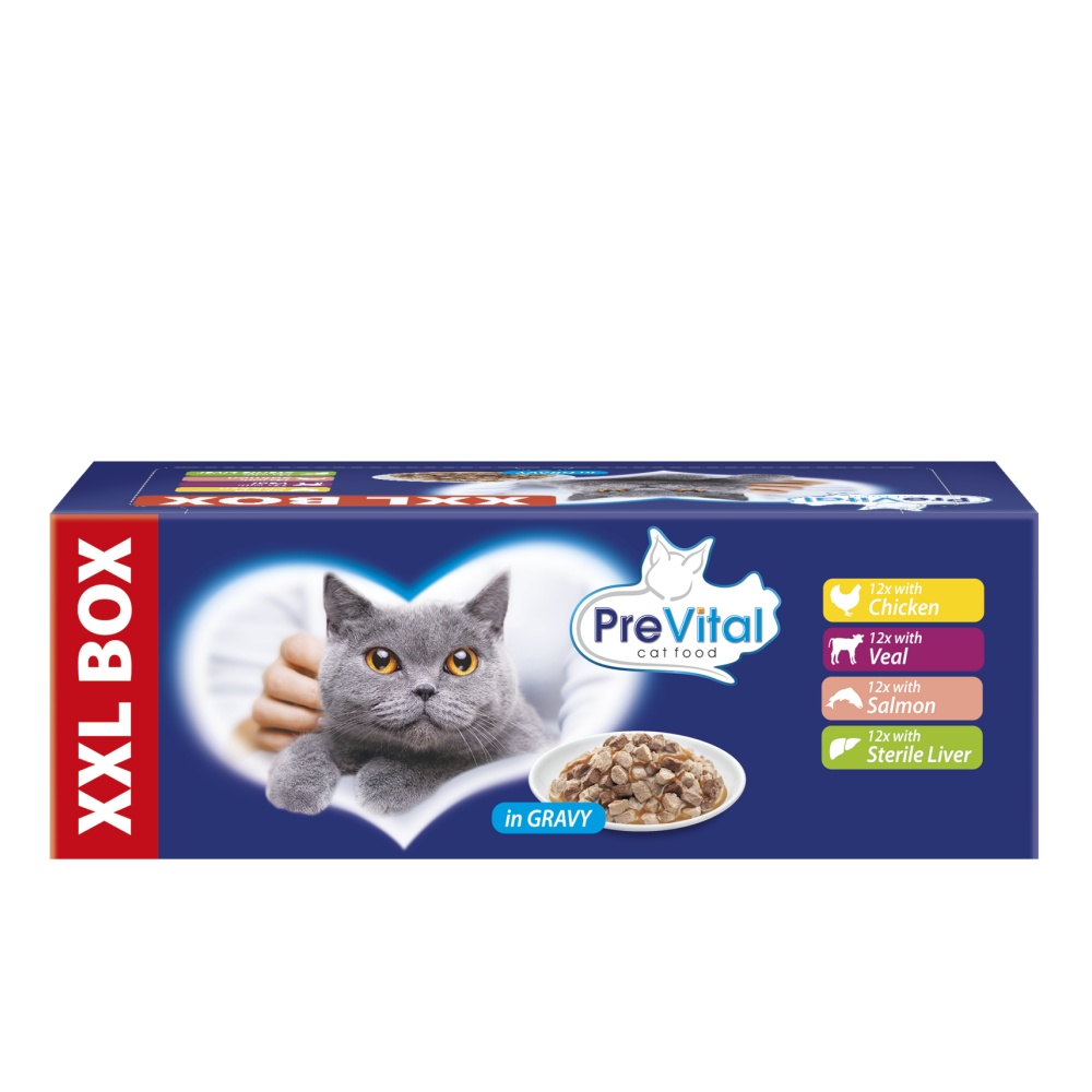 Prevital XXL BOX Mix chutí s kuřetem telecím lososem a játry v omáčce 48 x 100 g Prevital XXL BOX Mix chutí s kuřetem telecím lososem a játry v omáčce 48 x 100 g