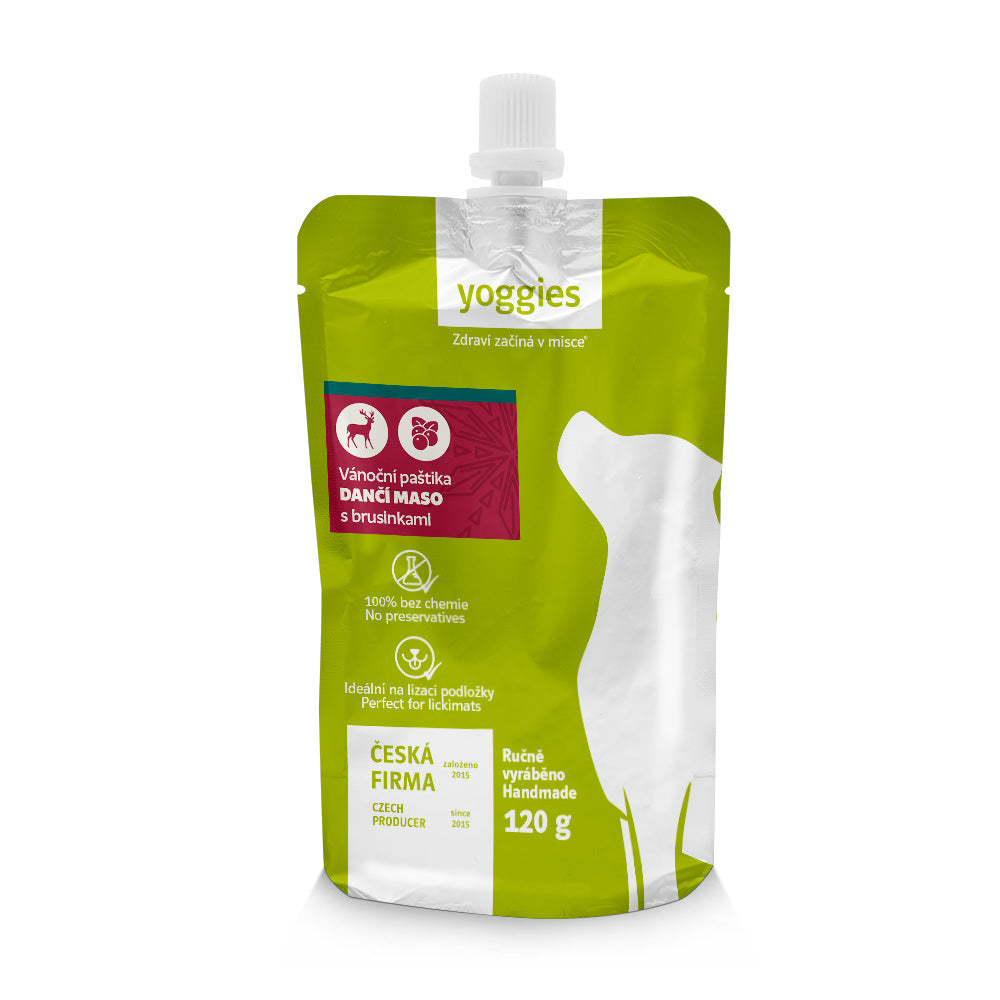 Yoggies Vánoční paštika - Dančí maso s brusinkami 120 g Yoggies Vánoční paštika - Dančí maso s brusinkami 120 g