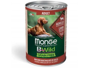 MONGE BWILD GRAIN FREE Adult, Jehněčí kousky v omáčce s dýní a cuketou 400g