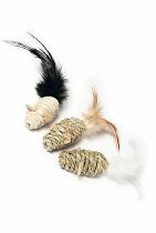 Hračka kočka Myš s peřím, pletená lanem 5cm/3ks KAR