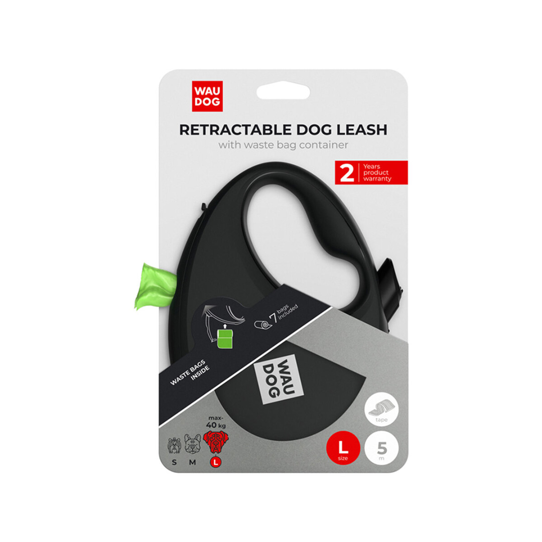 WAUDOG vodítko samonavíjecí se zásobníkem na sáčky Černé 40kg/5m/L WAUDOG vodítko samonavíjecí se zásobníkem na sáčky Černé 40kg/5m/L