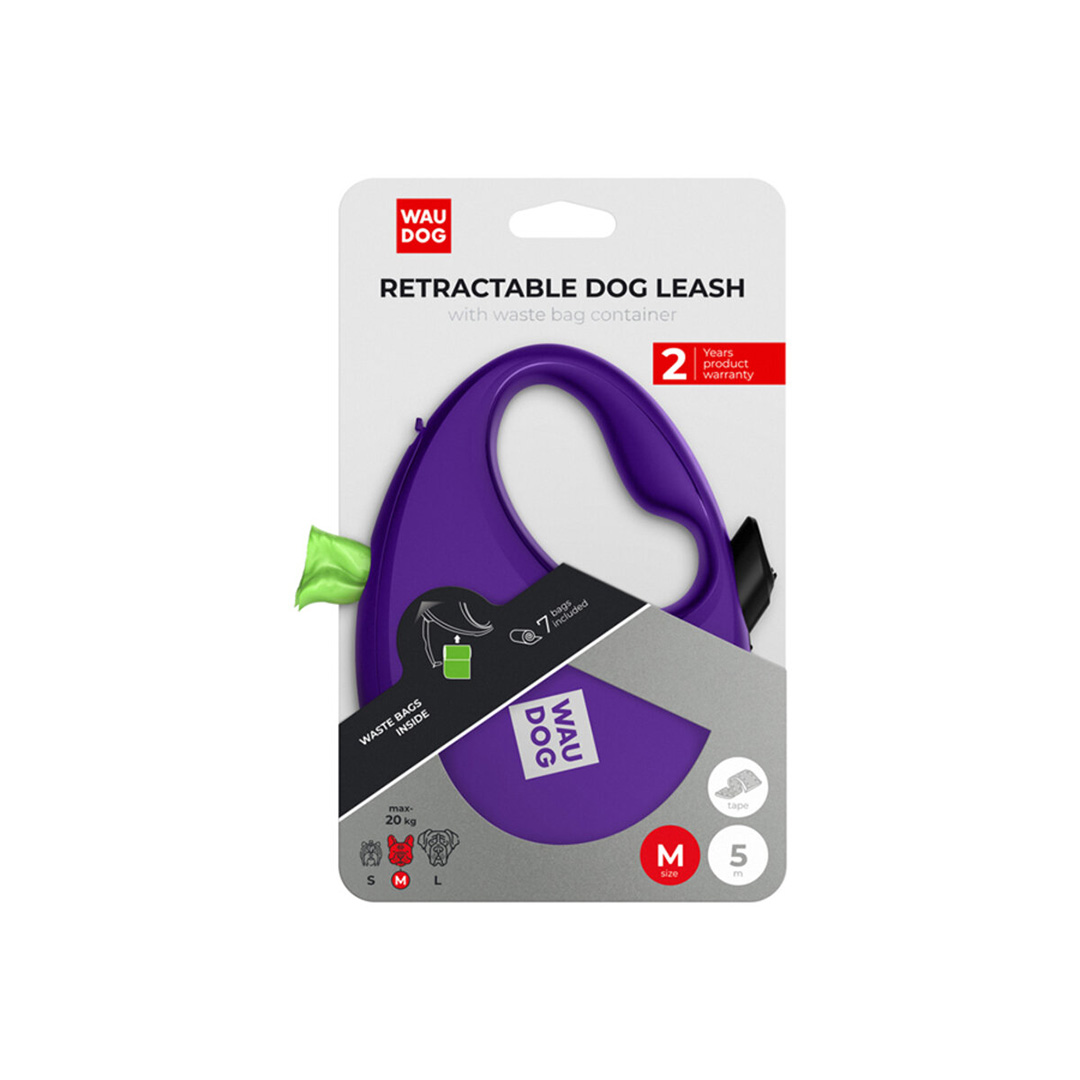 WAUDOG vodítko samonavíjecí se zásobníkem na sáčky Fialové 20kg/5m/M WAUDOG vodítko samonavíjecí se zásobníkem na sáčky Fialové 20kg/5m/M