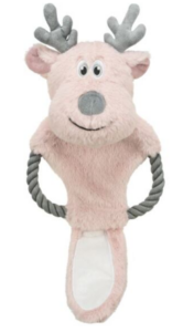 Vánoční sob na laně, šustící, 47 cm, plyš/bavlněné lano, růžová/šedá