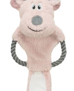 Vánoční sob na laně, šustící, 47 cm, plyš/bavlněné lano, růžová/šedá