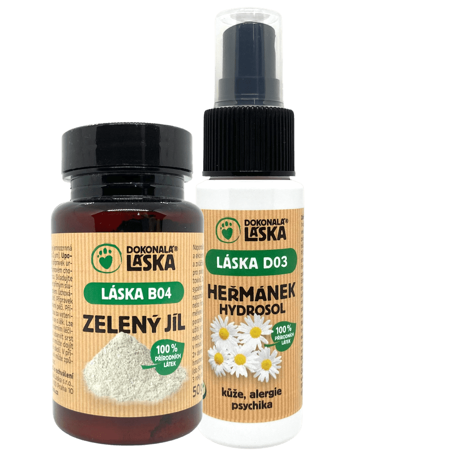 Dokonalá Láska Srst a kůže - zvýhodněný set - Zelený jíl 50 g + Heřmánek hydrosol - 50 ml Dokonalá Láska Srst a kůže - zvýhodněný set - Zelený jíl 50 g + Heřmánek hydrosol - 50 ml