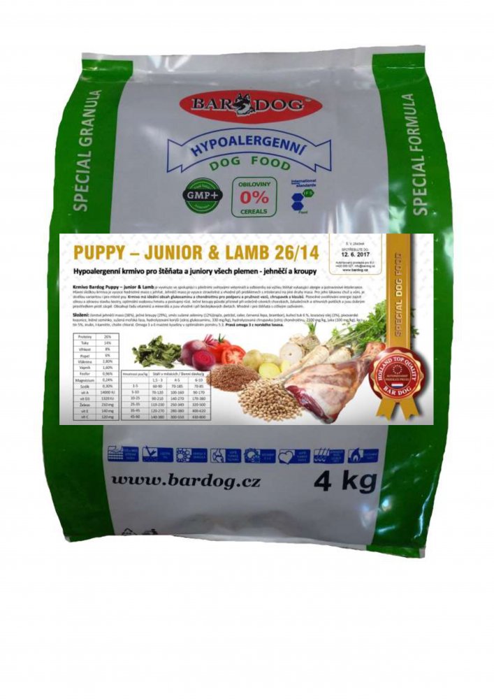 Granule Bardog Hypoalergenní granule Puppy Junior Lamb 26/14 - 4 kg Granule Bardog Hypoalergenní granule Puppy Junior Lamb 26/14 - 4 kg