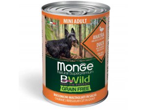 MONGE BWILD GRAIN FREE Mini Adult, Kachní kousky v omáčce s dýní a cuketou 400g